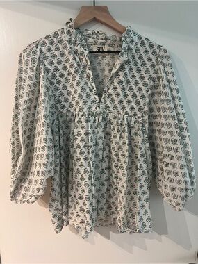 Sur la vague White & Green Printed Peasant Blouse